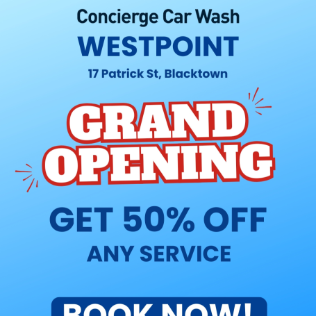 Text 'Concierge Car Wash Westpoint. Grand Opening, get 50% off any service'.