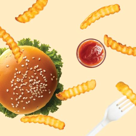 Aerial view of a burger and fries